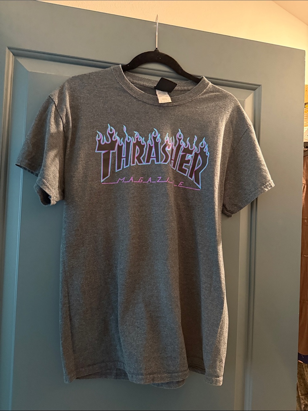 Thrasher Purple Flame Logo Tee - Gray